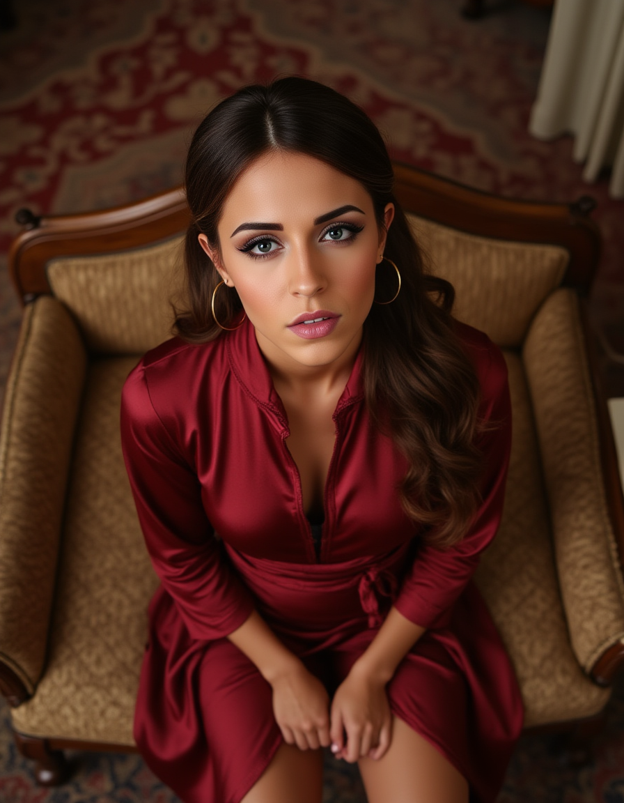 A woman sits on a plush, velvet-covered divan, surrounded by a sumptuous, oriental-inspired interior filled with intricate patterns and textures. The camera is positioned directly above her, looking down at her from a low angle. She gazes out at the viewer with a regal, commanding presence. She wears a high-necked, long-sleeved robe made of rich, jewel-toned silk.