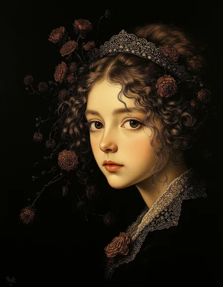 masterpiece, high quality, Oil Painting, Hyper-realistic, delicate ink drawing of a close-up of a pale angelic young teen girl, serene and innocent, softly illuminated by ethereal light, gradually shadowed by flickering flame reflected in her wide eyes--expression shifting as youthful purity hardens into steely resolve; fine, precise penwork captures the subtle change of mood, classical illuminated manuscript style with intricate linework, filigree borders faintly framing the visage, evoking ancient myth and sacred transformation in a quiet, black background, Elaborate details, (2/3 rule composition:0.5), ultra detailed, romantic, Rembrandt lighting, brush stroke, lovely, del1cate_balance style, FS, in the style of Rembrandt. vantablack <lora:style_of_Rembrandt_FLUX_135:.8> <lora:- Flux1 - vanta_black_V2.0:.4> <lora:FS_v2:.4> <lora:Delicate_Balance:.3> <lora:neeeg_f1:-1> <lora:Midjourney_Whisper_Minimal:.3>