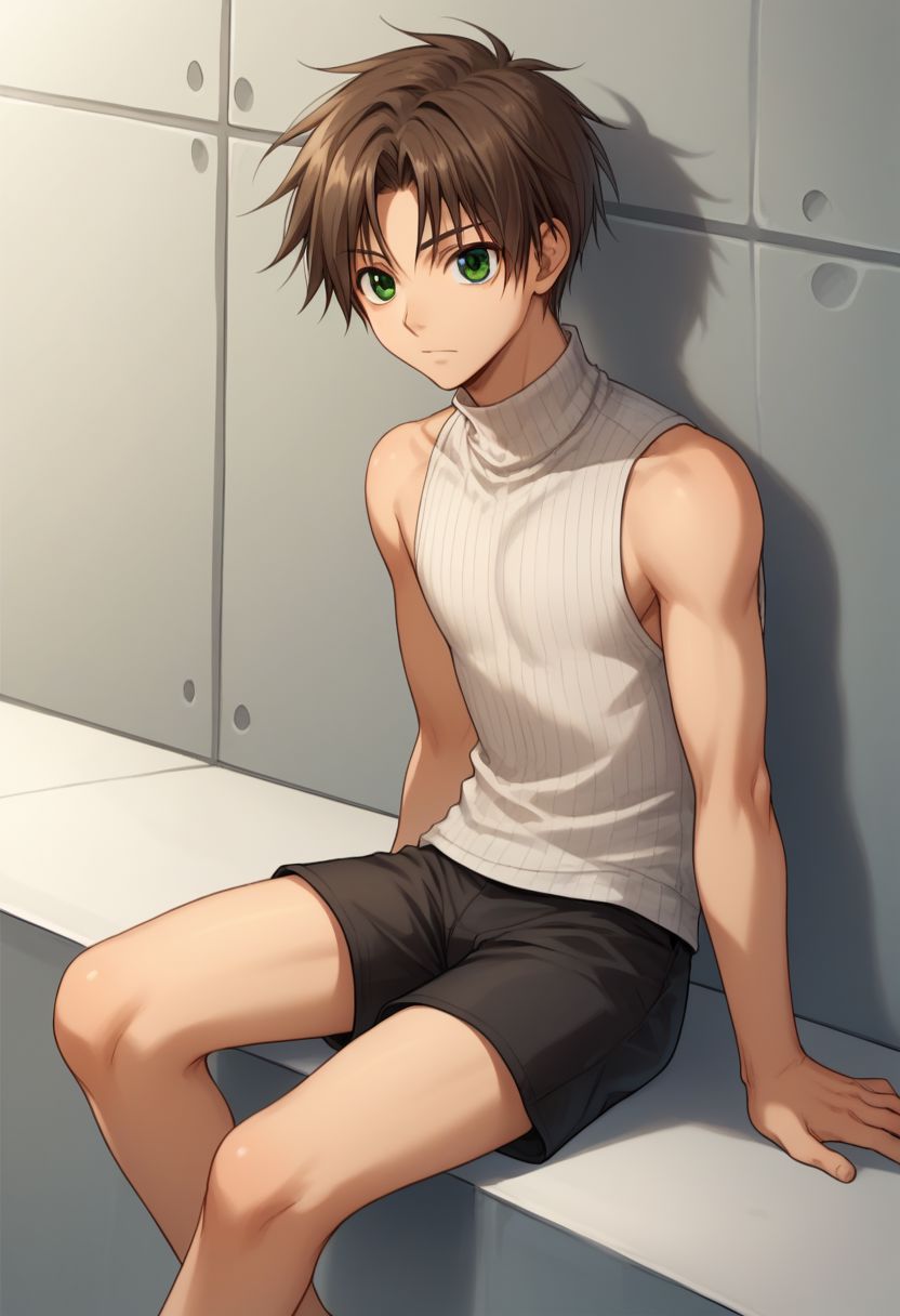 score_9, score_8_up, score_7_up, source_anime, 
teito, 1boy, solo, male focus, sleeveless turtleneck, sleeveless, green eyes, brown hair, turtleneck, white turtleneck, bare shoulders, biker shorts, black shorts, bare foot,
indoor, sit,