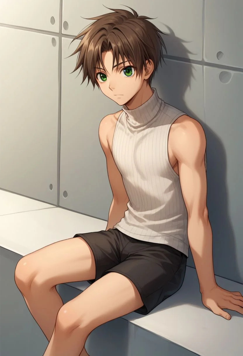 score_9, score_8_up, score_7_up, source_anime,
teito, 1boy, solo, male focus, sleeveless turtleneck, sleeveless, green eyes, brown hair, turtleneck, white turtleneck, bare shoulders, biker shorts, black shorts, bare foot,
indoor, sit,