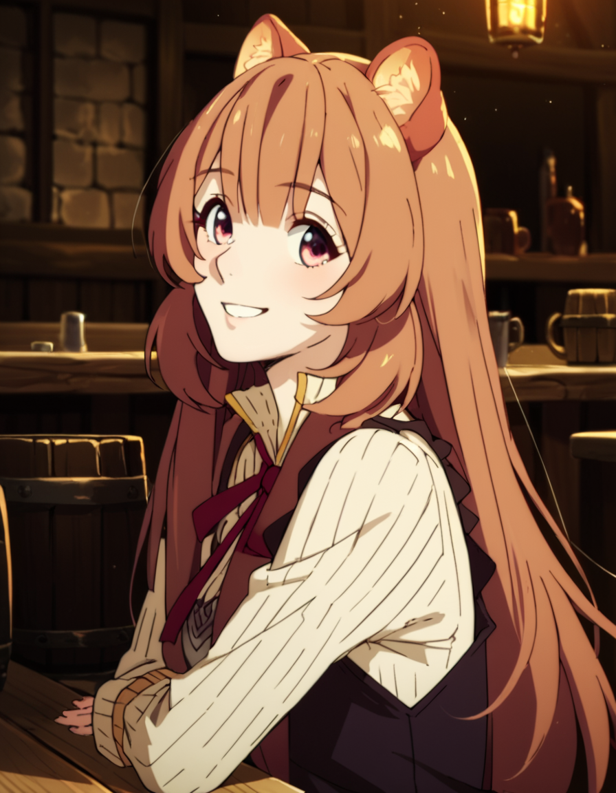 score_9, score_8_up, score_7_up, score_6_up, score_5_up, score_4_up, source_anime,  Raphtalia, brown hair,  portrait, sitting, tavern, smile