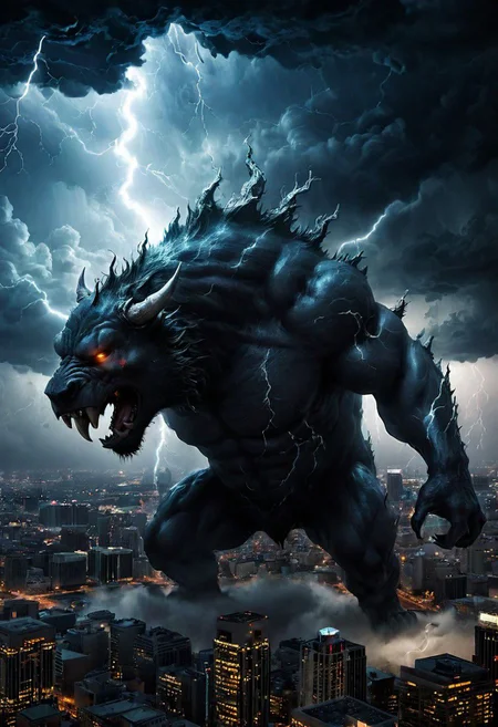 black clouds, rain, lightening, dark, night, ( beast appears from the rolling cloud), The beasts looks down as he towers above the city below, DEVIL SPAWN