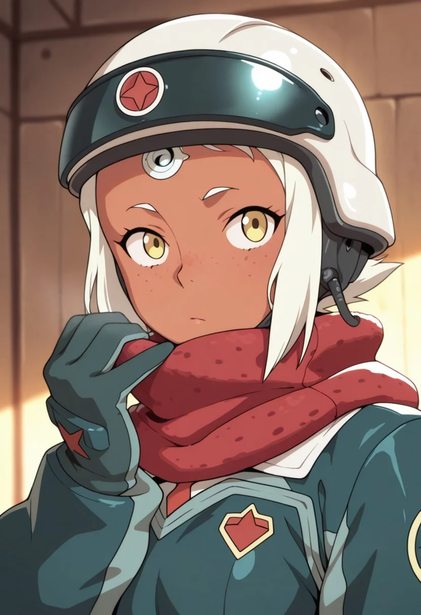 masterpiece,best quality,amazing quality, lal melk mark, short hair, white hair, yellow eyes, dark skin, dark-skinned female, 1girl, freckles, solo, gloves, helmet, scarf