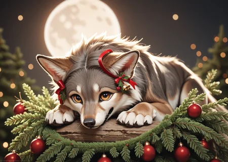 score_9, score_8_up, score_7_up, score_6_up, score_5_up, score_4_up, detailed, realistic, illustration, 8k, wolf howling at a full moon with a christmas wreath around its neck (cute furry feral:1.2), source_furry <lora:Animal_Christmas:0.8> animal christmas