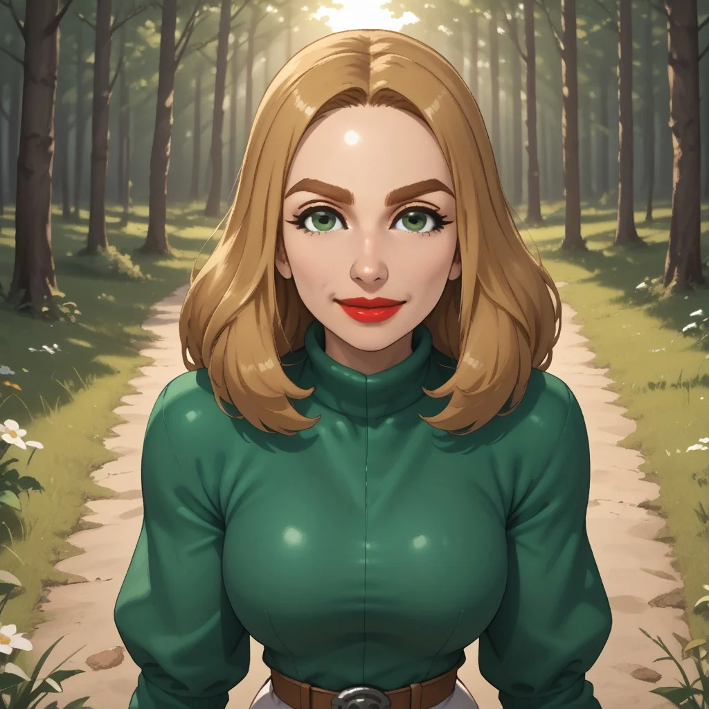 score_9, score_8, BREAK, solo, wii, mii, wii sports, 1girl, female mii, blonde hair, dark blonde eyebrows, green eyes, red lips, lipstick, dark green clothing, white pants, shoes, breasts, nintendo mii, modern_mii, classic_mii, Juliette_(Wii_Sports), cute, sexy pose, self portrait, smile, outdoors, sunlight, shadows, evening lighting, natural lighting, forest, trees, grass, orange sky, sunset