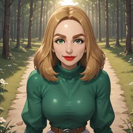 score_9, score_8, BREAK, solo, wii, mii, wii sports, 1girl, female mii, blonde hair, dark blonde eyebrows, green eyes, red lips, lipstick, dark green clothing, white pants, shoes, breasts, nintendo mii, modern_mii, classic_mii, Juliette_(Wii_Sports), cute, sexy pose, self portrait, smile, outdoors, sunlight, shadows, evening lighting, natural lighting, forest, trees, grass, orange sky, sunset