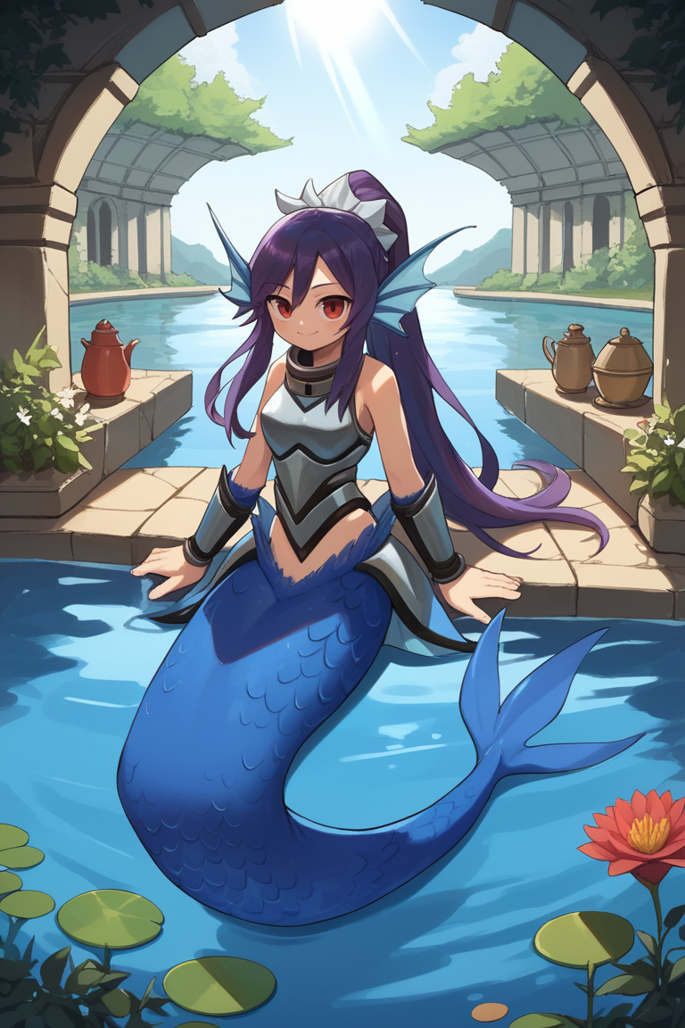 (score_9, score_8_up, score_7_up, score_6_up), source anime, BREAK,
<lora:Ishiene:0.5> , ishdef, 1girl, mermaid, kneeless mermaid, red eyes, long hair, ponytail, purple hair, head fins, fins, blue scales, wings, armor, arm guards, metal collar, full body, sitting, garden, pond, courtyard, looking at viewer, smile, tea, <lora:zy_Detailed_Backgrounds_v1:0.3> , detailed background, highly detailed, ruins, swimming, ocean, lake, partially submerged, sunlight,  <lora:HerrscherAGGA2024_CuteToon_Minus_PonyXL:0.7>