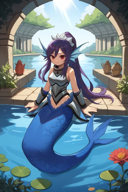 (score_9, score_8_up, score_7_up, score_6_up), source anime, BREAK,
<lora:Ishiene:0.5> , ishdef, 1girl, mermaid, kneeless mermaid, red eyes, long hair, ponytail, purple hair, head fins, fins, blue scales, wings, armor, arm guards, metal collar, full body, sitting, garden, pond, courtyard, looking at viewer, smile, tea, <lora:zy_Detailed_Backgrounds_v1:0.3> , detailed background, highly detailed, ruins, swimming, ocean, lake, partially submerged, sunlight, <lora:HerrscherAGGA2024_CuteToon_Minus_PonyXL:0.7>