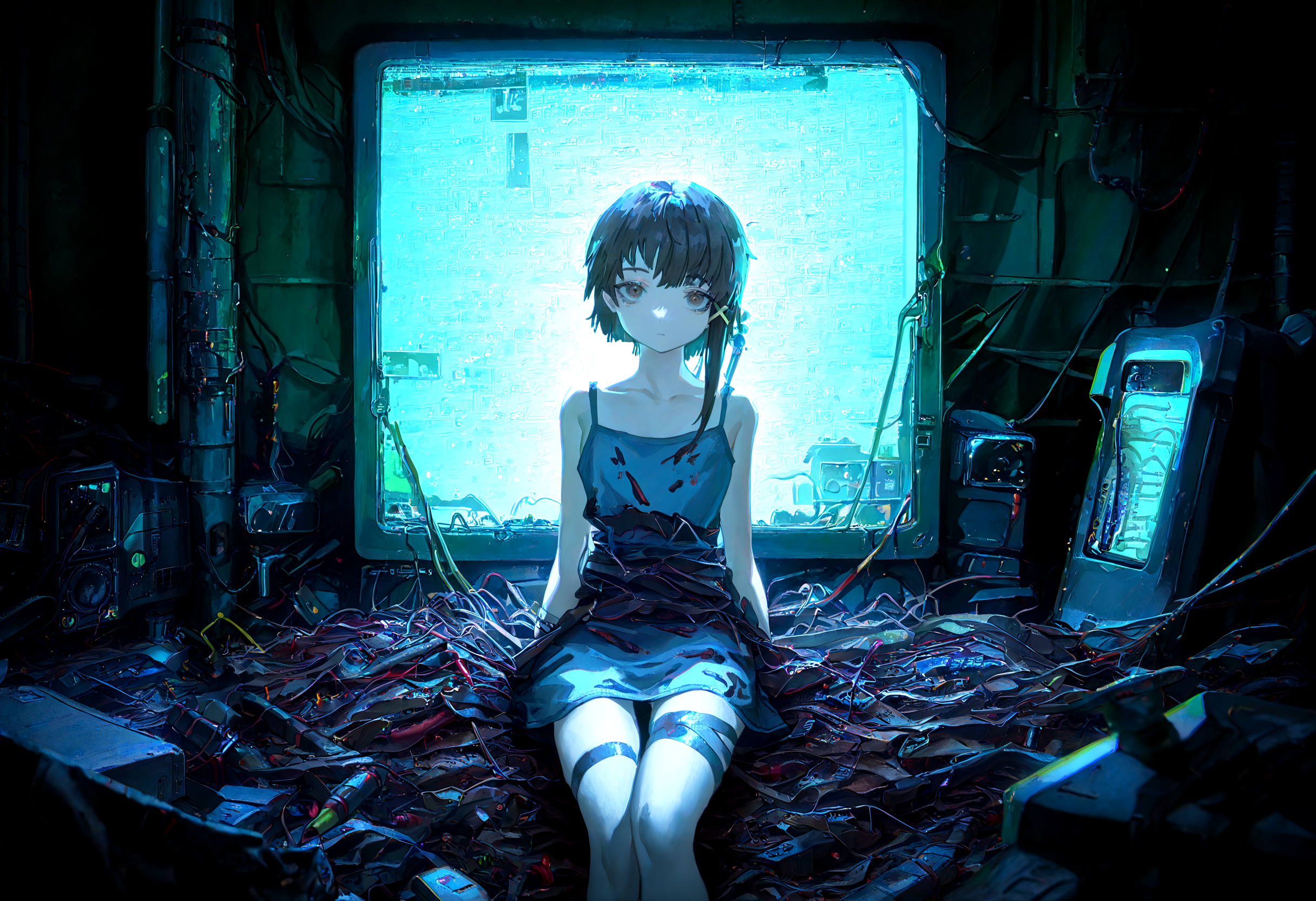 masterpiece, best quality, amazing quality, very aesthetic, absurdres,  newest,
1girl, iwakura lain,  solo,  thigh_gap , dark_background, cable, looking_at_viewer ,pile , spaghetti_strap , utility_pole,wire, monitor,entangled, digital_rain,
yoneyama mai,quasarcake:0.7, rolua, negative space, cinematic shot, very awa, science fiction,matrix, code, digital,computer, glitch, covered  in wire, green background, wild shot,
<lora:cfg_scale_boost:0.7>, <lora:illustrious_noobai_epsilon_pred_11_very_aesthetic_v1:0.6>, <lora:illustrious_noobai_epsilon_pred_1_masterpieces_v1:0.6>, <lora:illustrious_noobai_epsilon_pred_1_best_quality_v1:0.6>, <lora:Lain_PonyXLv3:0.7>, <lora:Code__Digital_World_Morph_v2_PONY_XL_by_UOC:0.7>, <lora:USNR STYLE_XL_loha:0.7>