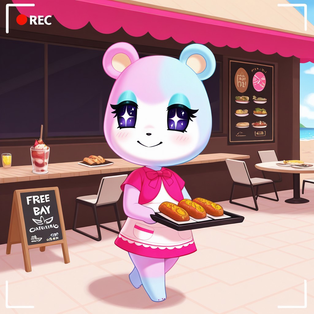 best quality, masterpiece, Full Body, Romantic, Small, Body, Furry, judyac, animal crossing, 1girl, solo, furry, bear, two-tone fur, light pink fur, light blue fur, white muzzle, purple eyes, star pupil, blush, blue eyeshadow, pink dress, beach, restaurants, serving food, carry tray, walking, outside lobby, board walk, beach chair, beach table, umbrella, recording, sign of buzz, sign said buzz sign writing say buzz, smile, holding a sign, sign said " free_buzz_food", writing buzz