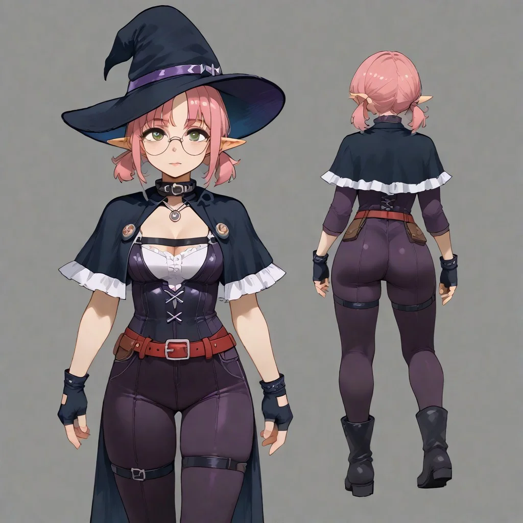 score_9, score_8_up, score_7_up, score_6_up, score_5_up, (simple background:1.8), Addie Lang, Full Body, 1girl, solo, ((pink hair), very short hair, short twin low ponytails, twin low ponytails), elf ears, round glasses, green eyes, young girl, slim build, exposed legs, light skin, mage outfit, purple witch hat, dark violet corset, ((bodysuit, fingerless gloves, purple accents in outfit)), purple low boots, leather mid-calf boots, feathered collar, belt with pouches, belt with buckles, witch hat, vest, red belt, purple boots, short boots, center opening, thigh strap, pouches, necklace, pendant, chest harness, tattered cape, cape with tattered edges