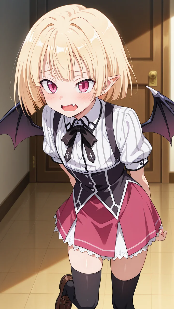 masterpiece, best quality, amazing quality, very aesthetic, absurdres, newest, anime screencap, <lora:checkpoint-e22_s836:1>, gasper vladi, otoko no ko, blonde hair, pointy ears, red eyes, pink eyes, short hair, blunt bangs, fang, kuoh academy school uniform, school uniform, red skirt, pink skirt, shirt, white shirt, zettai ryouiki, black ribbon, black thighhighs, buttons, neck ribbon, striped clothes, striped shirt, vertical-striped clothes, vertical-striped shirt, brown footwear, loafers, shoes, black wings, demon wings,