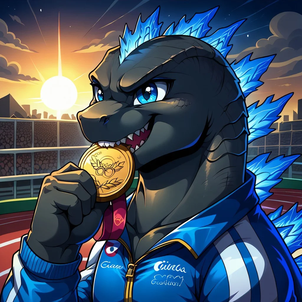olimedbitepxl, 1boy, solo, godzilla, spines, glowing spines, glowing blue eyes,
Portrait, from front, smiling, biting olympic medal, holding medal, medal in mouth, track suit, stage, crowd, clouds, sun, <lora:Godzilla_PONY_XL_Ver:0.1>
