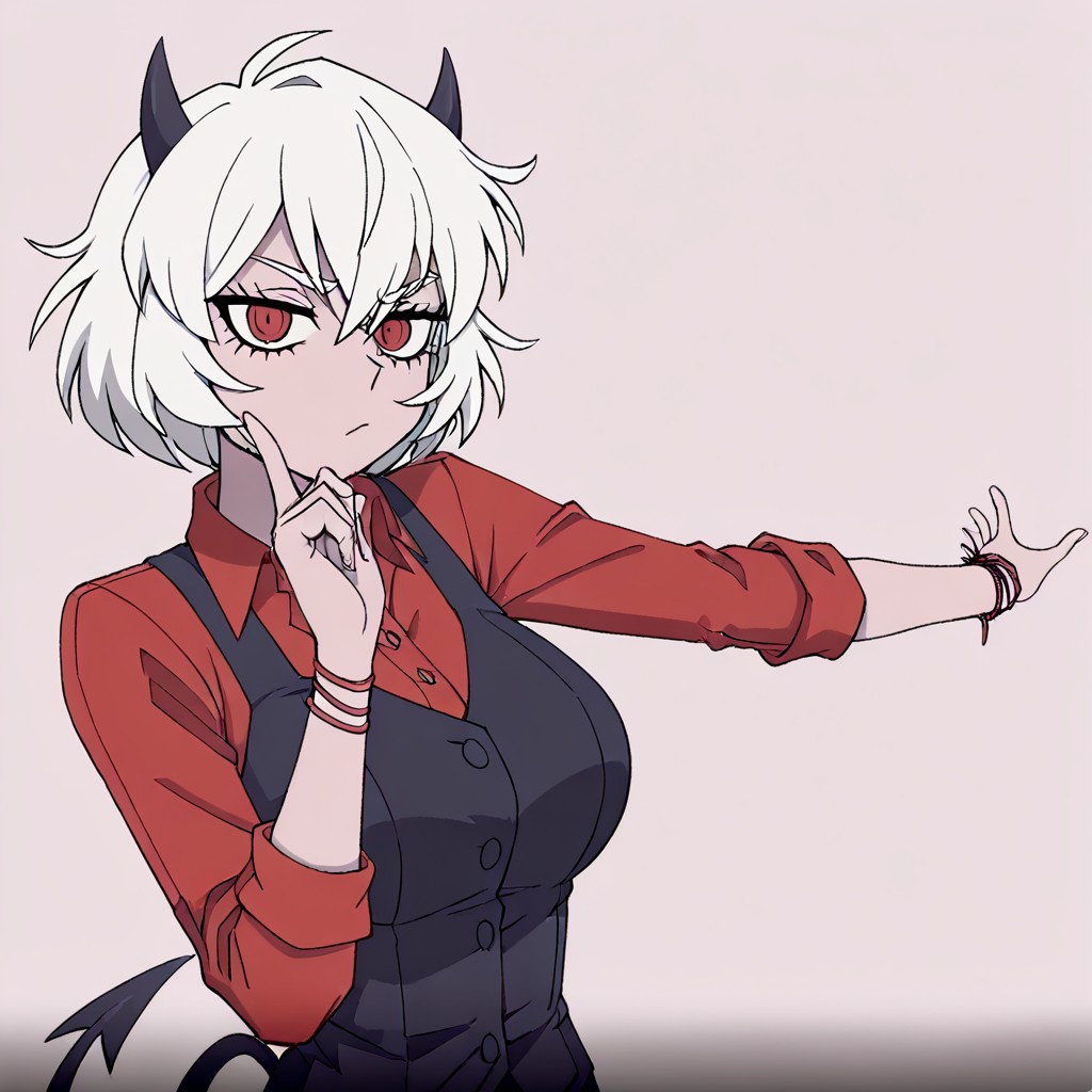 masterpiece, best quality, newest, absurdres, highres, anime, anime style, 1girl, malina (helltaker), demon girl, short hair, white hair, horns, demon tail, ONKDDV1.0, dance, finger to cheek, hoshino ruby dance, outstreched arm, pointing at self,