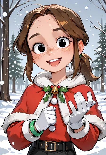 solo, brown hair, black pants, 1girl, ponytail,charlotte,<lora:Charlotte_emily_ill:0.8>, black eyes, green bracelet on right hand ,flat chest,green clip, high resolution, 2k resolution:1.0, 1girl, t,freckles,,solo,bracelet on single hand,flat chest,,,very young girl,