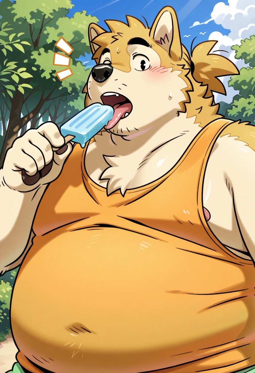 detail background, solo, 1boy, anthro dog, shiba, light cream fur, golden fur, two tone fur, tied hair, black eyes, black eyebrows, furry tail, curved tail, short ears, black nose, belly, chubby, fat, overweight, orange tank top, green shorts, BREAK shore, outdoors, low angle, looking at viewer, popsicle licking, sweat, surprised, close-up, upper body, open mouth, licking, tongue