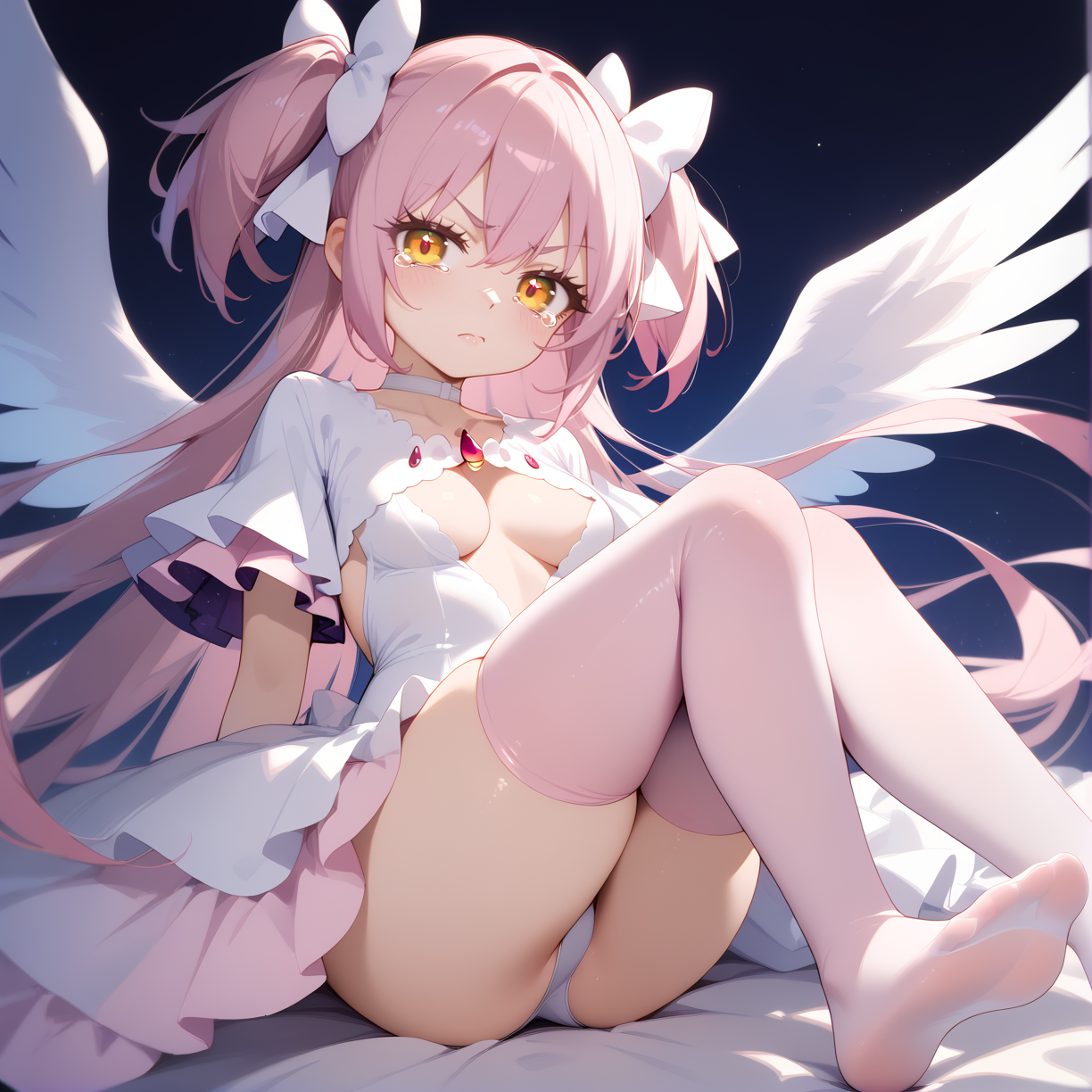 (score_9,score_8_up,score_7_up) BREAK uncensored BREAK 1girl,solo,(medium breasts:1.4),
disgust,scowl,closed mouth,tears,
BREAK
BREAK feet,(foot_focus:1.3),
BREAK
BREAK
BREAK
BREAK
(hugging_own_legs:1.4) BREAK angel wings,
BREAK <lora:madoka_god:0.8>,
(ultimate madoka,kaname madoka,long hair,pink hair,very long hair,bangs,hair between eyes,two side up,white bow,yellow eyes),(choker,white choker,gloves,white gloves,underboob,underwear,clothing cutout,cleavage cutout,covered navel,wide sleeves,frills,dress,white dress,frilled dress),pink thighhighs,