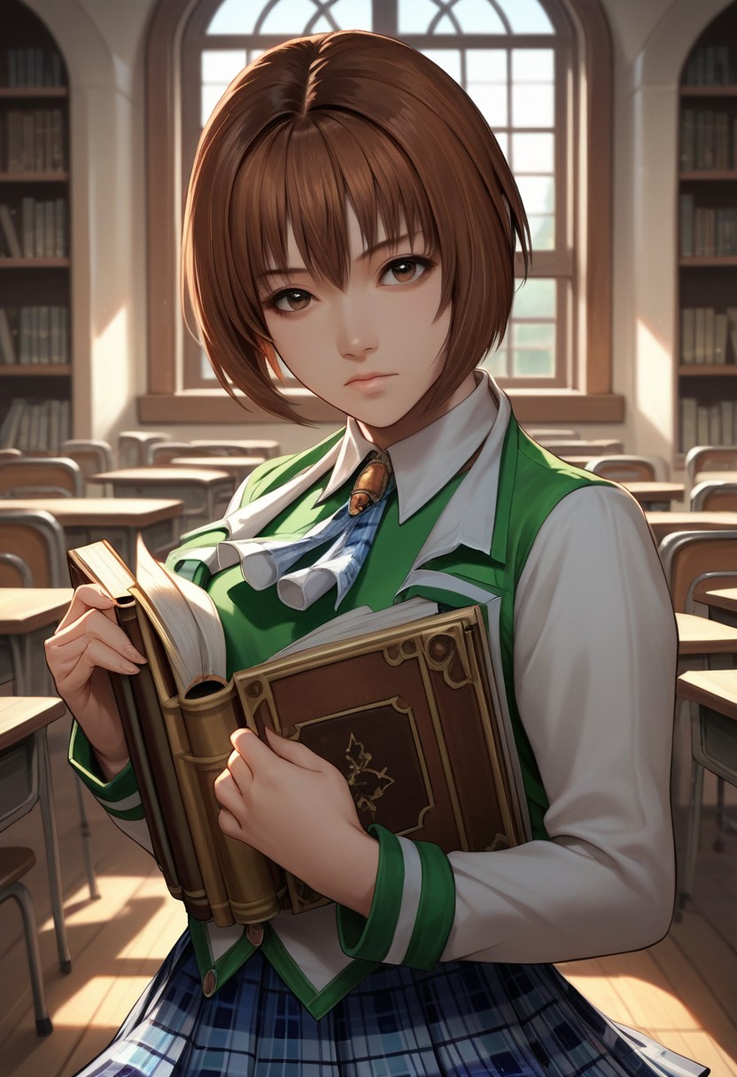 score_9_up, score_8_up, score_7_up, source_anime, 1girl, KUWAHARA RIN, 1girl, solo, looking at viewer, short hair, skirt, brown hair, long sleeves, brown eyes, school uniform, pleated skirt, book, plaid, window, plaid skirt, holding book