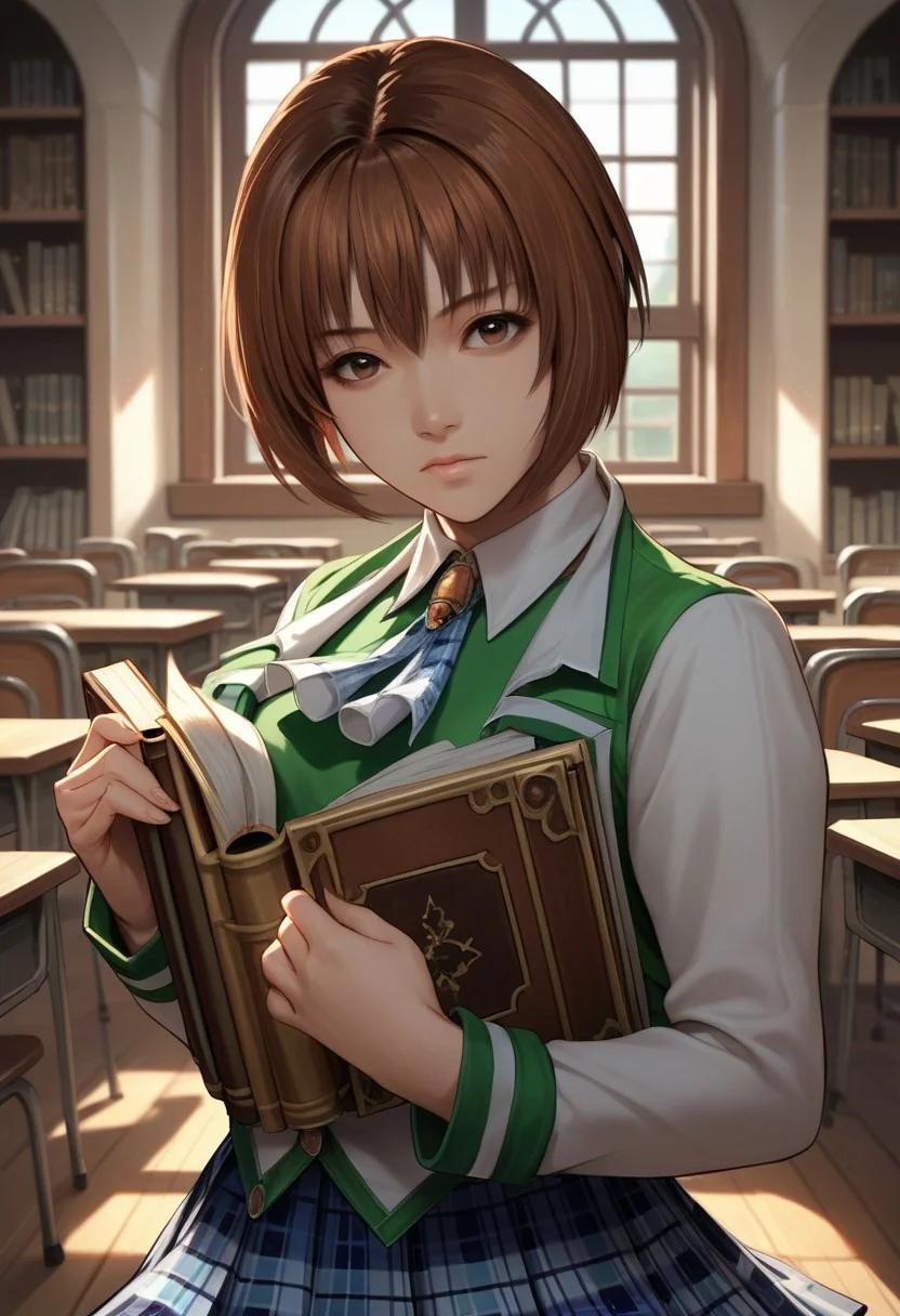 score_9_up, score_8_up, score_7_up, source_anime, 1girl, KUWAHARA RIN, 1girl, solo, looking at viewer, short hair, skirt, brown hair, long sleeves, brown eyes, school uniform, pleated skirt, book, plaid, window, plaid skirt, holding book