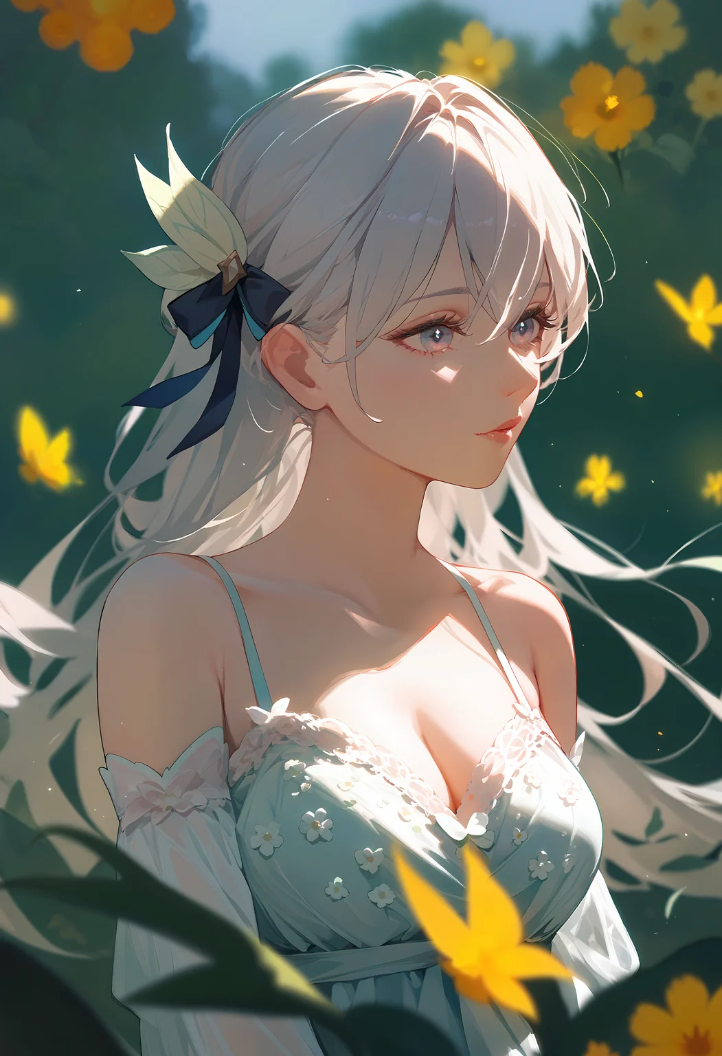 (score_9, score_8_up, score_7_up), 1girl, fireflyhsr, romantic one-piece with a lace-up front, delicate floral embroidery, and scalloped edges, depth of field, <lora:firefly-strPO-v2a:0.8>