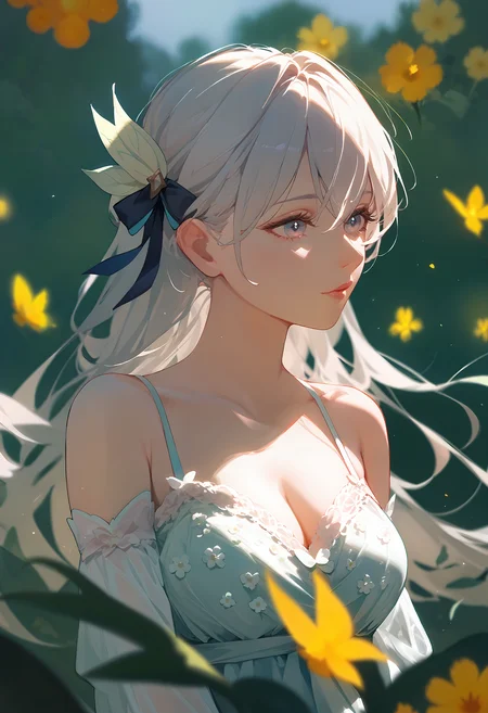(score_9, score_8_up, score_7_up), 1girl, fireflyhsr, romantic one-piece with a lace-up front, delicate floral embroidery, and scalloped edges, depth of field, <lora:firefly-strPO-v2a:0.8>
