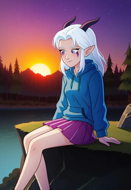 mangamaster, 1girl, solo, Rayla, White Hair, Elf Ears, RayHorns, RayFacepaint, Colored Skin, Four Fingered Hand, grey hoodie, blue shirt, pink skirt, pleated skirt, denim jacket, sunset, sitting on a cliff edge, trees