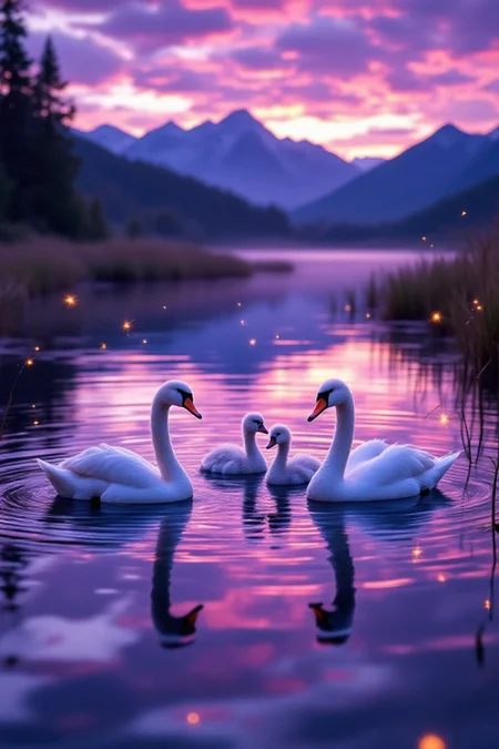 Against a twilight sky ablaze with purple and pink hues, a serene family reunion unfolds on the glassy lake surface. Four adult swans, flanked by their cygnets, glide effortlessly together, generating soft ripples. Fireflies flicker among the reed beds, while the distant mountains' silhouettes provide depth to this idyllic scene, bathed in warm, golden light.