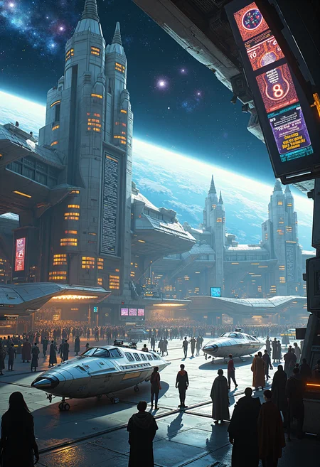 A masterpiece of (future video game scene) style created by the collaboration of Mandalas and Sacred Geometry Artists and Wassily Kandinsky. Imagine a future video game scene from an epic sci-fi RPG set in a bustling space station. The photograph captures the vibrant chaos of the central hub area from a unique, almost bird's-eye view.**Shooting Angle:** The camera is positioned directly above the central docking bay, at an angle that gives viewers a 45-degree look down onto the scene below. This perspective highlights the intricate web of activity and movement without making any single element too dominant in the frame.**Scene Description:**At the center of the photograph, we see a massive docking bay filled with glimmering space shuttles and sleek starships. The hulls of these ships are illuminated by the soft blue light from overhead panels, creating a mesmerizing display of metallic textures and reflections. In the foreground, two robotic assistants—designed with advanced AI and humanoid features—are busy loading cargo into one of the vessels. Their movements are captured in mid-action, giving a sense of dynamic motion.Surrounding this central bay, there is a bustling crowd of intergalactic travelers, each species represented by their unique attire and physical traits. The scene is alive with the sound of alien languages and mechanical hums from various devices. A colorful holographic display in one corner projects information about upcoming missions and destinations, adding to the futuristic ambiance.The upper half of the photograph features a sweeping view out into space, revealing distant stars and nebulae. This gives the scene an expansive feel, contrasting with the crowded activity below.**Colors:**The overall palette is a blend of metallic grays, blues, and whites for the ships and station elements, along with warm tones from the lighting and ambient glow of the crowd. The holographic displays and reflections add vibrant bursts of color that catch the eye.**Impact:**This unique perspective not only captures the action but also conveys the scale and complexity of the space station environment. It invites viewers to explore the scene further, whether by zooming in on specific details or imagining themselves as part of this futuristic society. HD32K, hyperdetailed, best quality, aidmaMJ6.1.