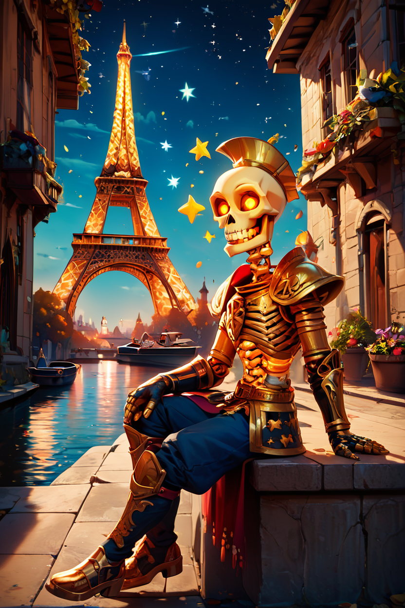 score_9, score_8_up, score_8,   BREAK, , zzStalfos, skull, skeleton, armor, armor, 1boy, male focus, bone, glowing eyes, <lora:StalfosZeldaOOT_PDXL:0.8>, BREAK, zzEiffelTower in background, sitting, watercraft, boat, sitting on wall, side view, looking at viewer, smile, ,,, BREAK, blooming stars, luminescent petals, otherworldly fragrance blurry background, ,,, embedding:zPDXL, Expressiveh, ,,, <lora:EiffelTowerPDXL:0.8>, <lora:CatalystStylePDXL:0.6>, <lora:SDXLFaeTastic2400:0.5>, <lora:Expressive_H-000001:0.4>,
