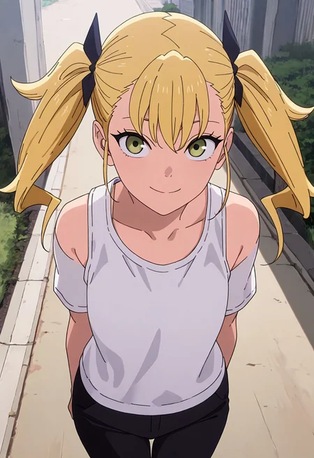 masterpiece,best quality,good quality,newest,
outdoors,detailed background,
smile,
looking at viewer,
solo,
KikoruShinomiya,1girl,blonde hair,twintails,green eyes,
white shirt,tank_top, black pants,
standing,