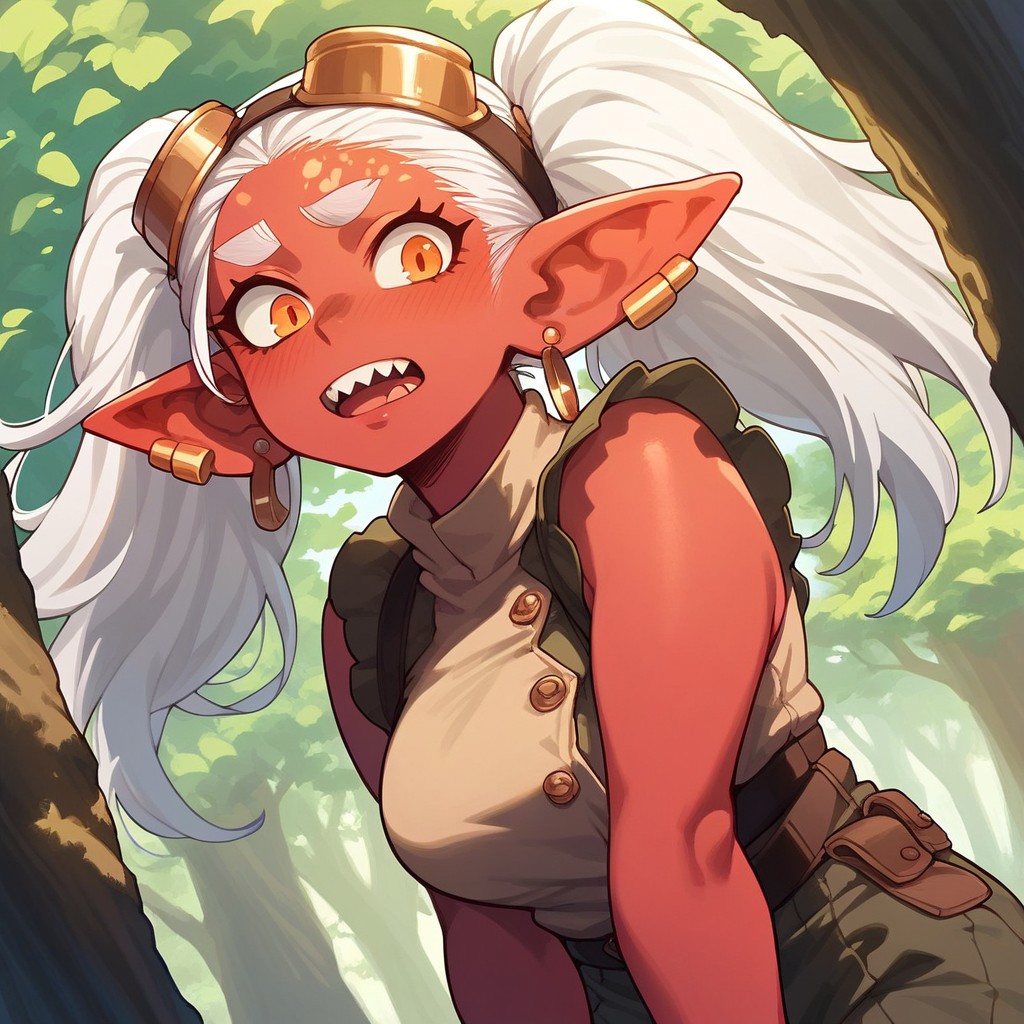 score_9, score_8_up, score_7_up, 1girl, solo, goblin girl,, red skin, orange eyes,, twintails, white hair, sharp tooth, nervous expression, ear piercing, earrings, long pointy ears, plump, looking at viewer, engineer uniform, little  female, forest background, dutch angle, goggles over head, full body, stand up