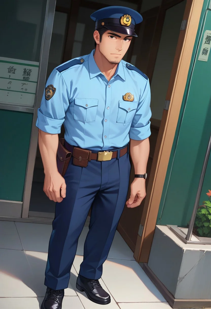 score_9, score_8_up, score_7_up, score_6_up, solo male, adult, mature, masculine, manly, handsome, charming, alluring, standing, upper body, dutch angle, cowboy shot, asian man, black hair, short hair, (facial hair, stubble), clothing focus, HannekenJpPcSm, male Japanese Summer Police Uniform, (light-blue collared shirt, rank slides), dark blue pants, Japanese police emblem, (Japanese police soft kepi cap), hip holster, Walkie-Talkie, black shoes, perfect anatomy, perfect proportions, best quality, masterpiece, high_resolution, high quality, best quality, best aesthetic, absurdres, male focus