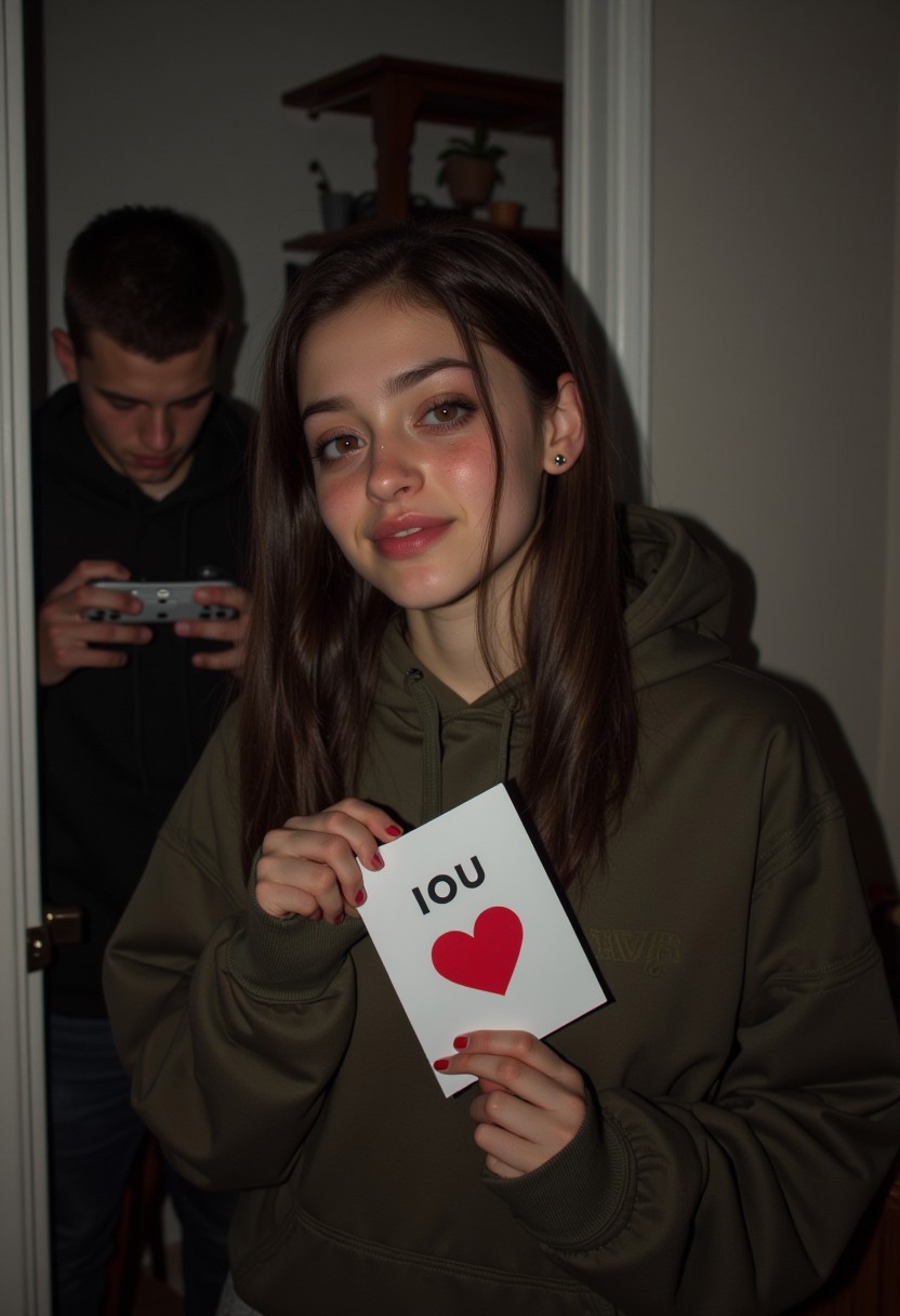 A young woman stands in the foreground, her eyes brimming with sadness tears, water running down from her eyes, and holding an "IOU" card meant for Valentine's Day. Her expression is a mixture of heartbreak and longing. In the background, through the doorway, her boyfriend is absorbed in his PlayStation game, oblivious to her feelings. The room is dimly lit, emphasizing the emotional distance between them