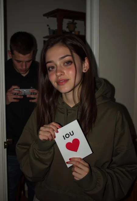 A young woman stands in the foreground, her eyes brimming with sadness tears, water running down from her eyes, and holding an "IOU" card meant for Valentine's Day. Her expression is a mixture of heartbreak and longing. In the background, through the doorway, her boyfriend is absorbed in his PlayStation game, oblivious to her feelings. The room is dimly lit, emphasizing the emotional distance between them