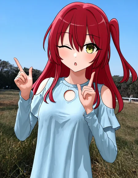 1girl, solo, long hair, looking at viewer, shirt, long sleeves, hair between eyes, yellow eyes, red hair, one eye closed, clothing cutout, one side up, pointing, shoulder cutout, ;o, photo background, kita ikuyo, 3d, blender \(medium\), <lora:photo_background:0.8>