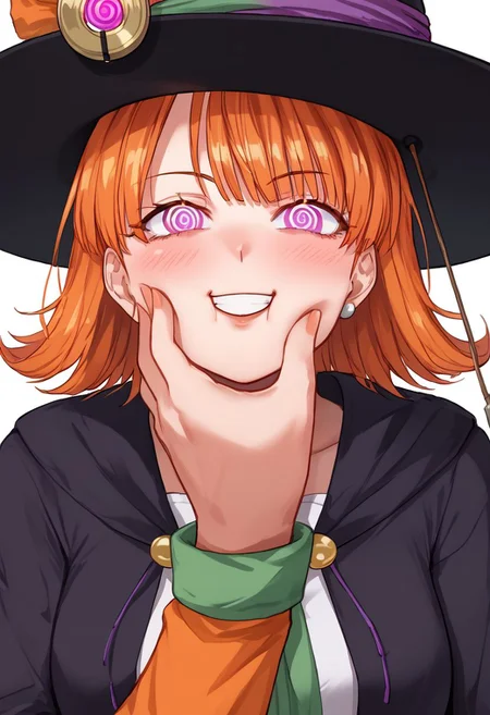 Dragon Quest Mage being hypnotized,
score_9, source anime, lewd, 1girl,
mind control, hypnotized, spiral eyes, mindless smile, looking at pendulum, hypnosis
(cheekpinch), pov, (pendulum), pendulum hanging in front of face,
dq3mage, orange hair, short hair, witch hat,