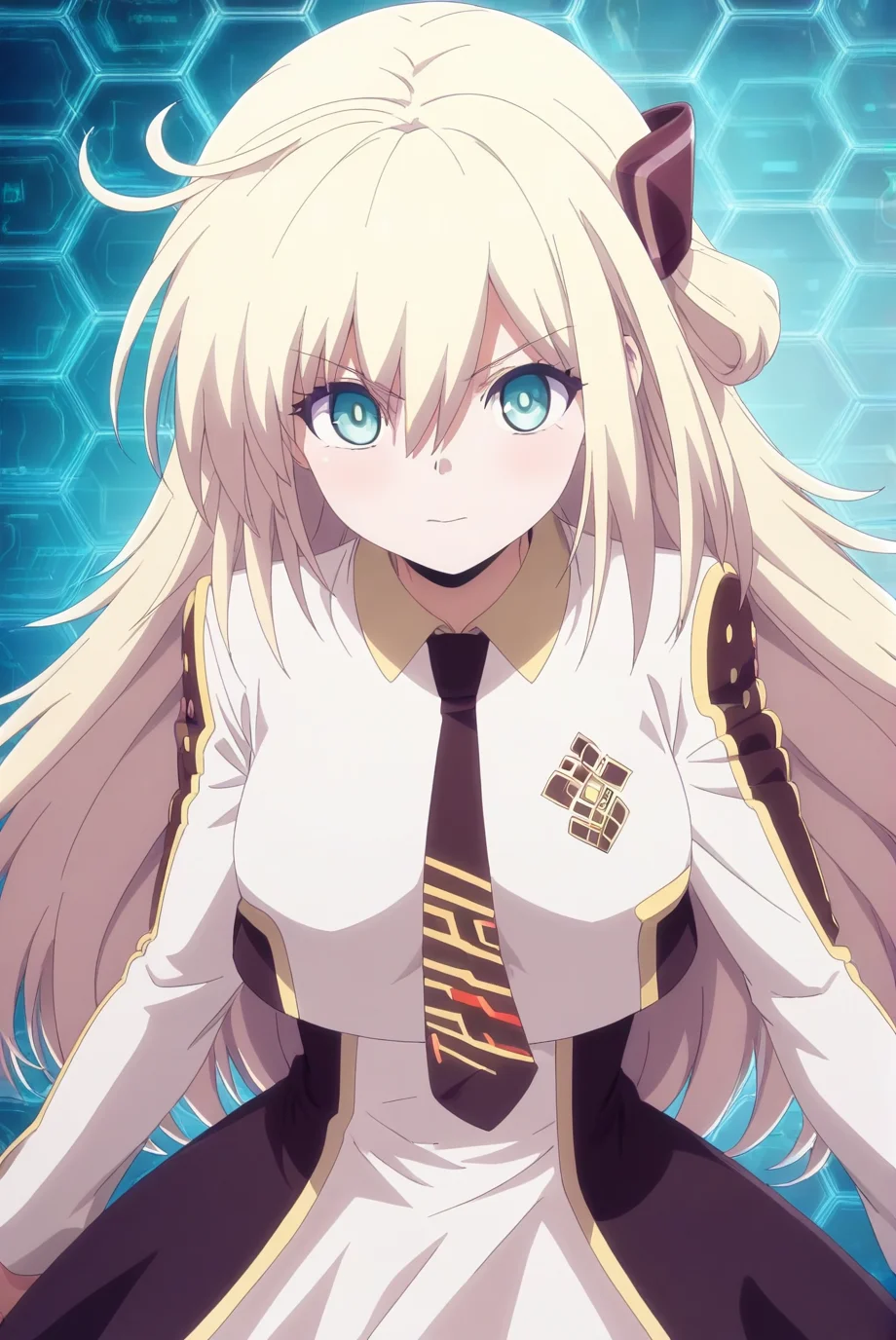 Sky Striker Ace,1girl,looking at viewer,<lora:SkyStrikerAce-style:1>,anime,blue honeycomb background,upper_body,, masterpiece,best quality,amazing quality,