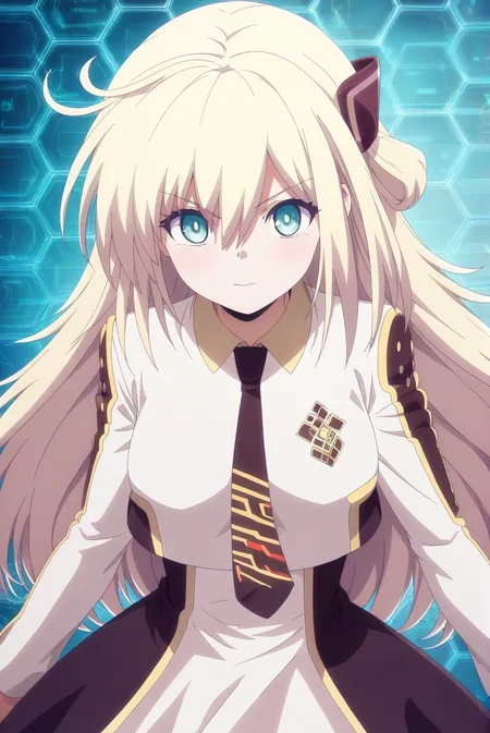 Sky Striker Ace,1girl,looking at viewer,<lora:SkyStrikerAce-style:1>,anime,blue honeycomb background,upper_body,, masterpiece,best quality,amazing quality,