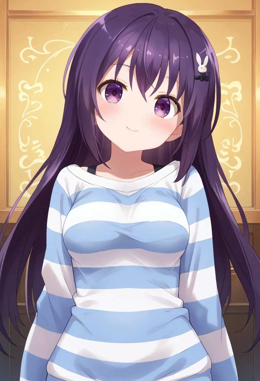 score_9, score_7_up,1girl, looking at viewer, blush, breasts,(purple hair, purple eyes, long hair, hair ornament, rabbit hair ornament, striped clothes, striped sweater, loungewear), looking at viewer, solo, highres, zPDXL3, detailed face, head tilt, tilted head, short, short girl, ((front view)), standing,happy