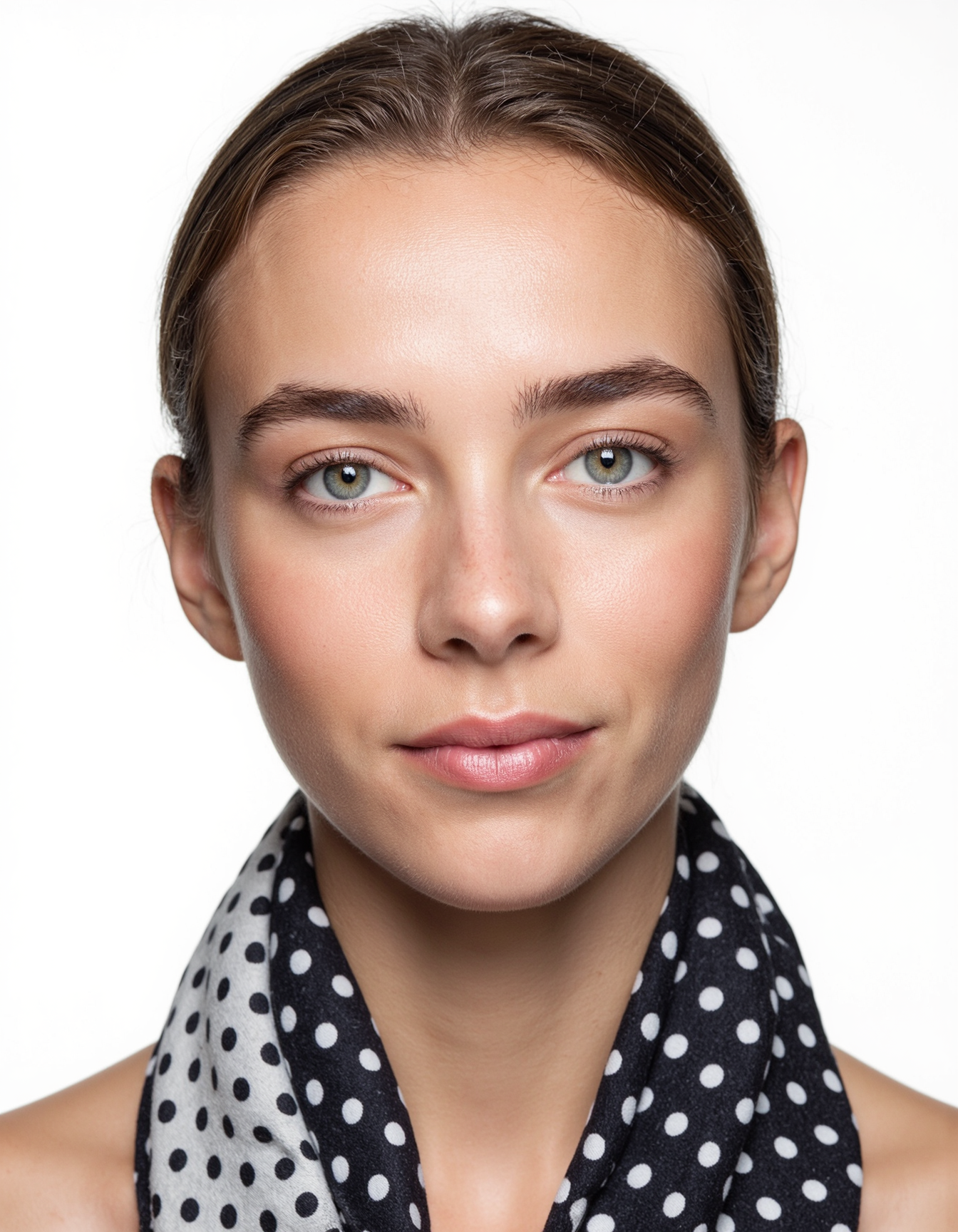 high resolution digital photograph, Woman with a polka dot scarf, bright eyes, and a cheerful expression, Ring light highlights the eyes and face evenly, perfect for a makeup portrait with a simple background