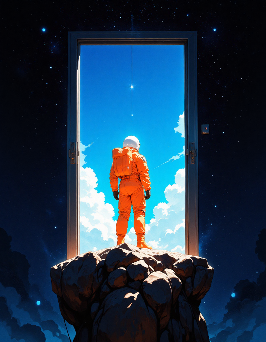 A surreal cosmic scene: an astronaut in a bright orange suit stands at an open door floating in deep space. Through the door, a vibrant blue sky with fluffy white clouds is visible, creating a sharp contrast with the dark, star-filled background. The image emphasizes minimalism and the contrast between vastness and simplicity, evoking feelings of exploration and wonder, illustrious style, 