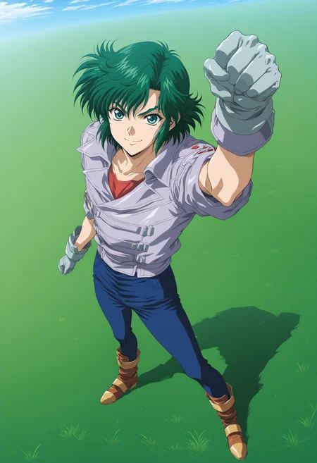 <lora:Masaki_Andoh:1>,masaki andoh,male focus,1boy,solo,boots,gloves,pants,jacket,full body,jeans,smile,standing,arm up,brown footwear,looking at viewer,legs apart,clenched hand,grey gloves,grey jacket,red shirt,official art,grassland,outstretched arm,from_above,looking_at_viewer,masterpiece,high score,great score,absurdres,