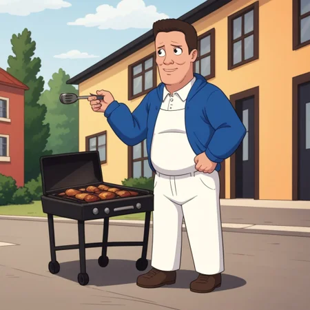 hank hill standing at a barbecue grill, outdoors on a sunny day, ((a giant propane molecule floats in the air)),