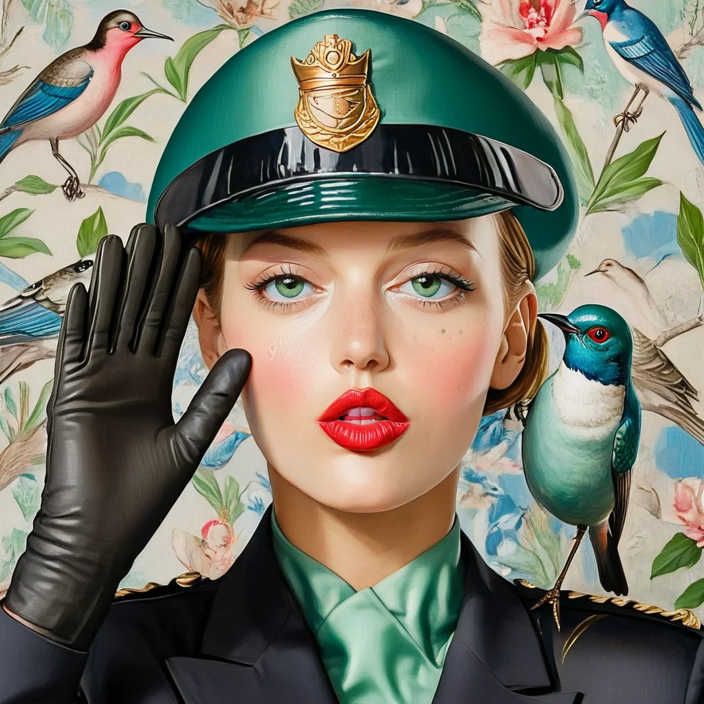 <lora:Aquamarine_PinupSDXL:1> hat, 1girl, gloves, solo, bird, flower, traditional media, makeup, uniform, lipstick, The image is a portrait of a woman wearing a green military cap with a gold emblem on it. The cap has a black visor and a black band around the crown. The woman is wearing a black blazer and a green scarf around her neck. She has red lipstick on her lips and is holding her hand up to her face as if she is whispering something. The background is a floral pattern with blue and pink flowers and birds. The overall style of the image is vintage and elegant.