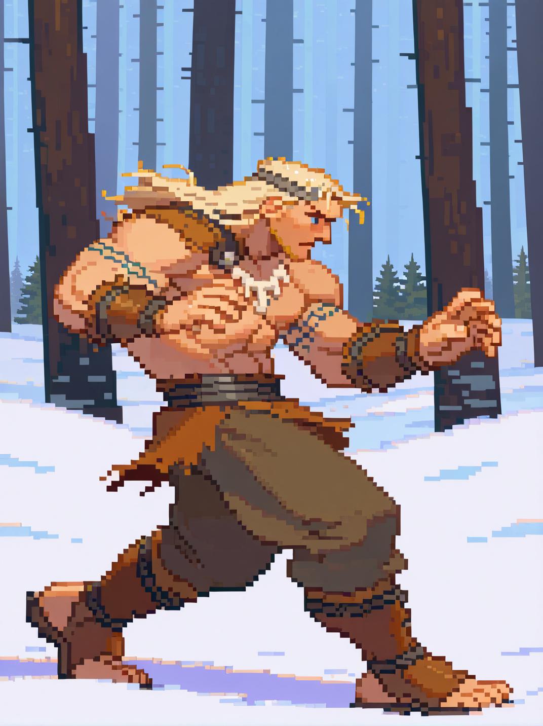 1boy, muscular male, (blonde hair, viking, armor, arm tattoo, bone necklace, abs:1.1),, indoors, (winter forest, snow:1.1),
from side, (fighting stance:1.1), from side, open legs, detailed background, snow, forest, dynamic pose, full body, portrait, dynamic pose,
 <lora:ASF3_style:1>,, SF3XL,