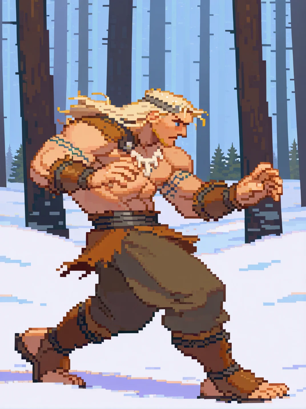 1boy, muscular male, (blonde hair, viking, armor, arm tattoo, bone necklace, abs:1.1),, indoors, (winter forest, snow:1.1),
from side, (fighting stance:1.1), from side, open legs, detailed background, snow, forest, dynamic pose, full body, portrait, dynamic pose,
<lora:ASF3_style:1>,, SF3XL,