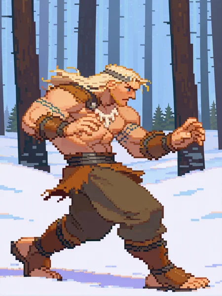 1boy, muscular male, (blonde hair, viking, armor, arm tattoo, bone necklace, abs:1.1),, indoors, (winter forest, snow:1.1),
from side, (fighting stance:1.1), from side, open legs, detailed background, snow, forest, dynamic pose, full body, portrait, dynamic pose,
 <lora:ASF3_style:1>,, SF3XL,