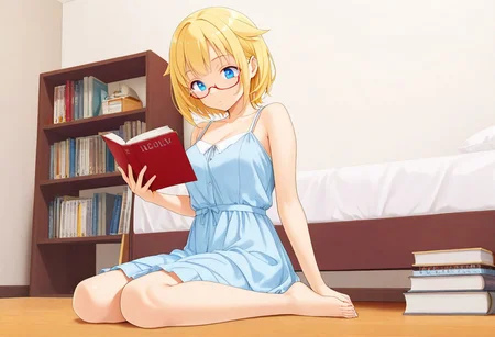 Shinohara Mari, blonde hair, short hair, hair flaps, glasses, red-framed eyewear, semi-rimless eyewear, blue eyes,
1girl, reading a book, jyoji fuku, dress, bare shoulders, white dresss, skirt, barefoot
wariza on floor, girl in front of white bed, bedroom as background, (one bookshelf:0.75),
medium full shot, medium wide shot, low angle
