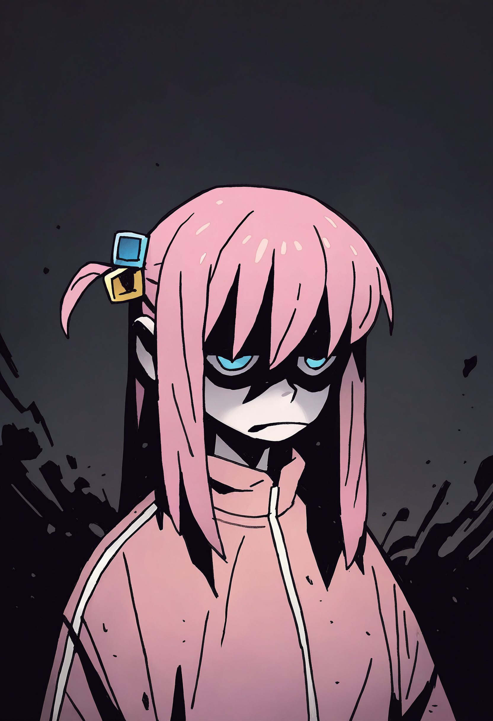 1girl, solo, gotoh hitori, shaded face, portrait, dark background, 
masterpiece, best quality, <lora:Mike_Mignola-guy90-Illust-Lycorisv1:1> alomik