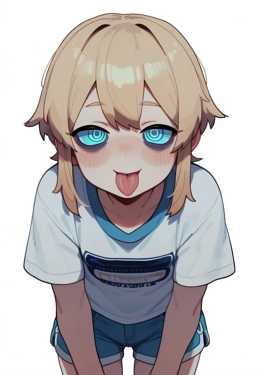 PonyScores7, score_9, score_8_up, score_7_up, Score_6_up, Score_5_up, Score_4_up, source_anime, hi res, masterpiece, best quality, detailed, amazing quality, detailed background, detailed eyes, clean eyes, best quality, highres, Brittle_PS, 1girl, solo, blush, tongue out, leaning forward, blouse, short shorts, simple background, white background, looking at viewer, detailed